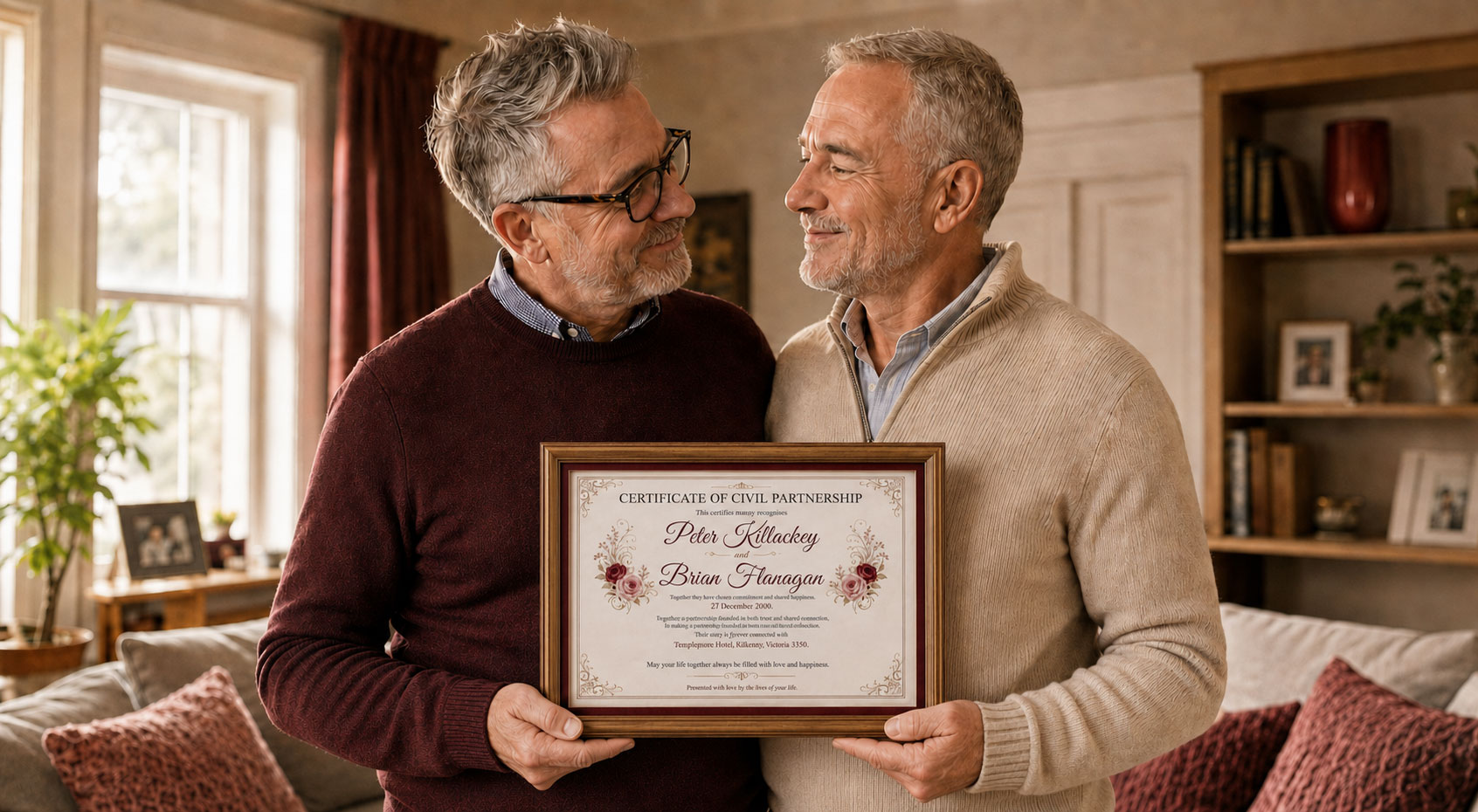 Long-term couple proudly holding their personalised Certificate of Civil Partnership