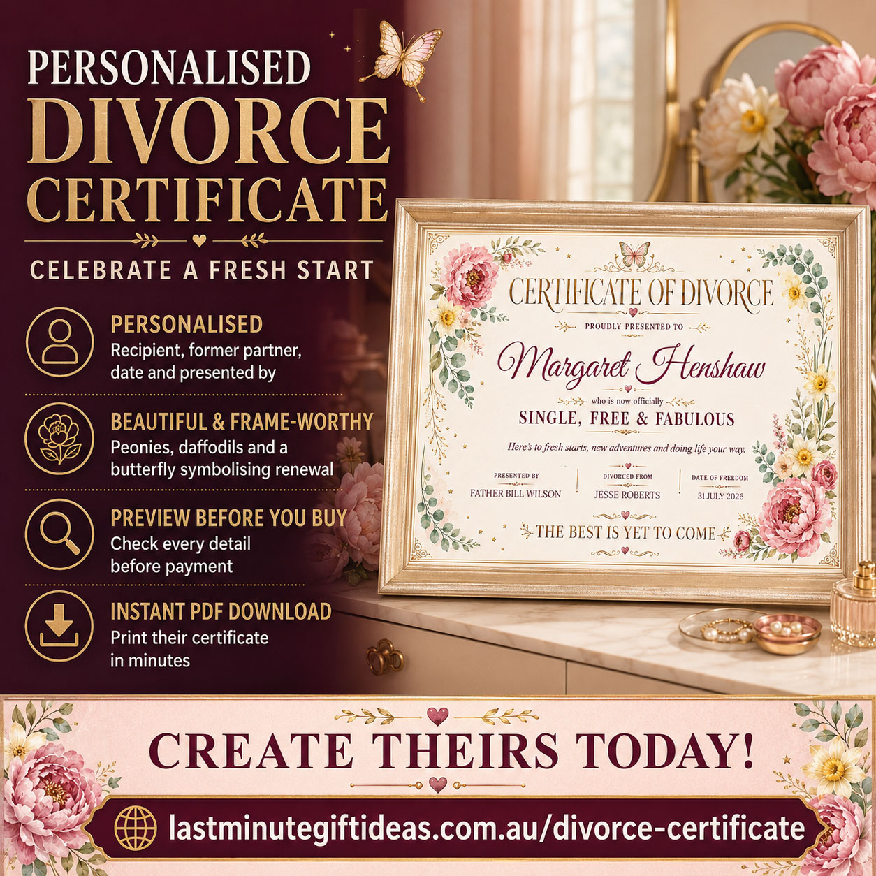 Personalised printable Divorce Certificate