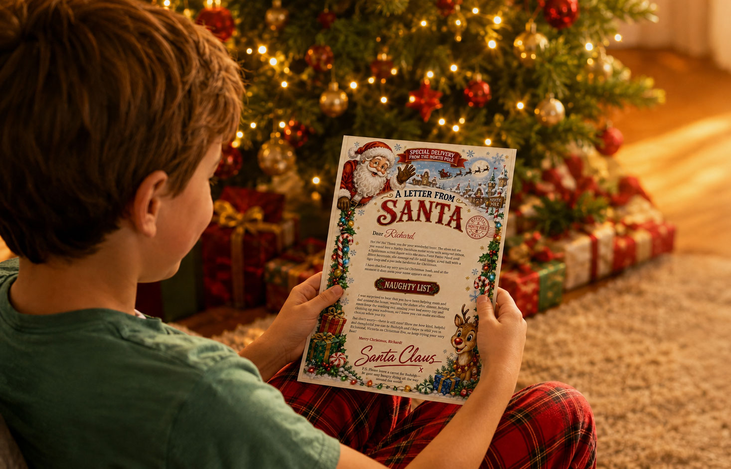 Child reading a personalised Letter from Santa beside a Christmas tree