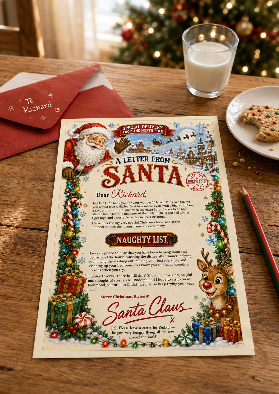 Personalised Letter from Santa lying on a Christmas kitchen table
