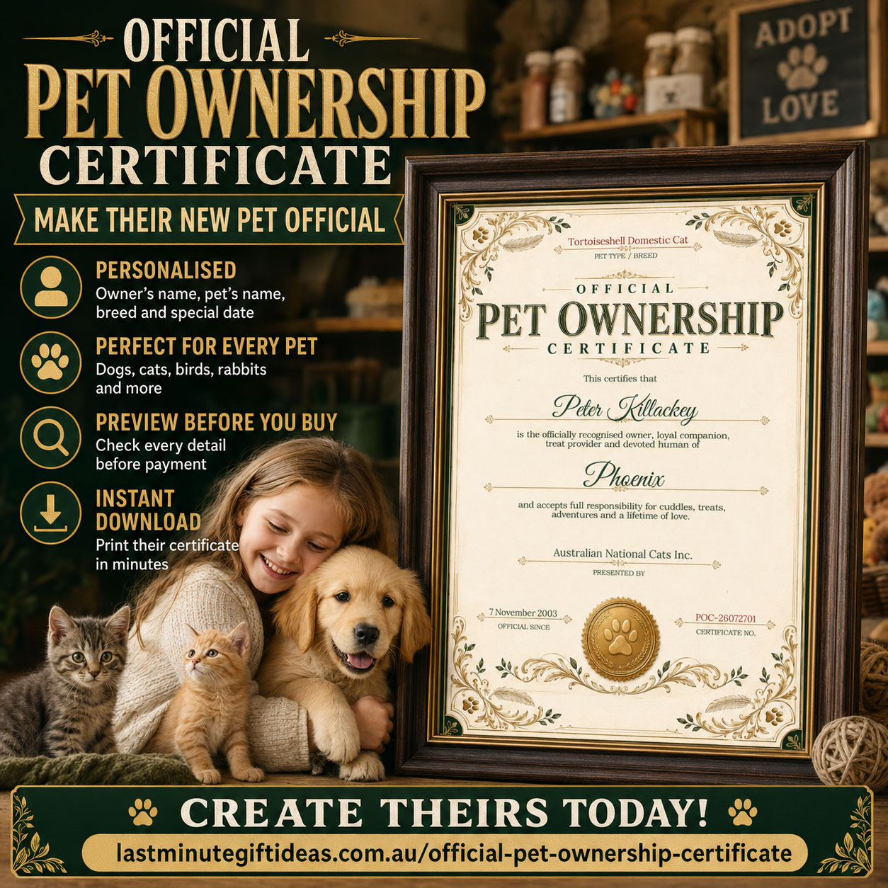 Personalised Official Pet Ownership Certificate