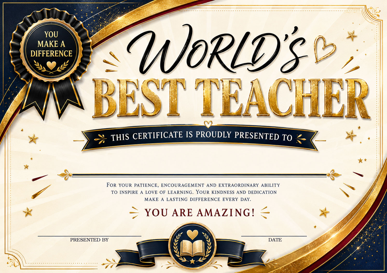World’s Best Teacher personalised certificate