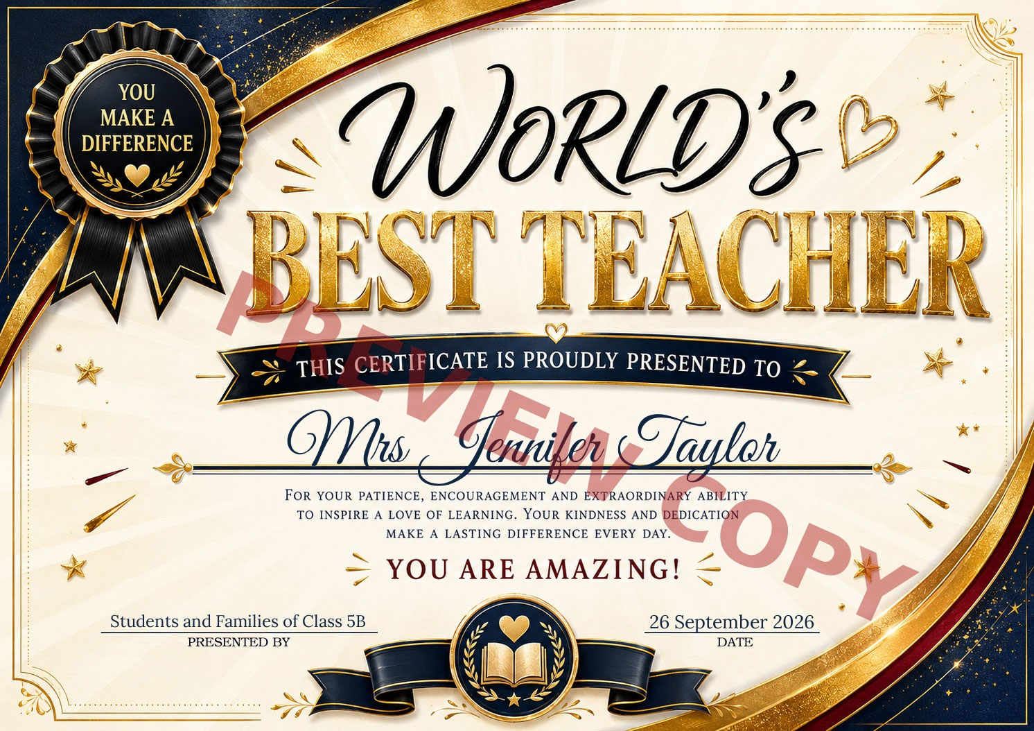World’s Best Teacher personalised certificate